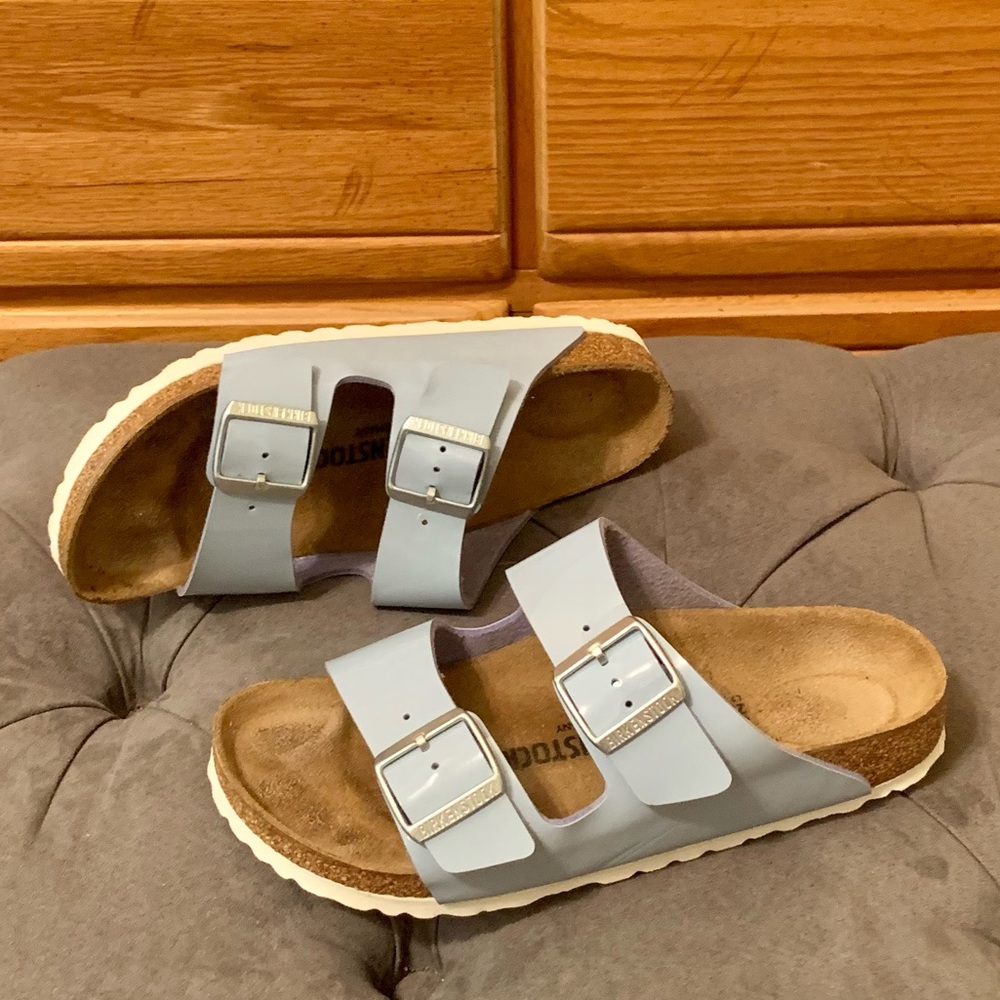 Dove Blue Patent Birkenstock Arizona Birko-Flor, 38N
